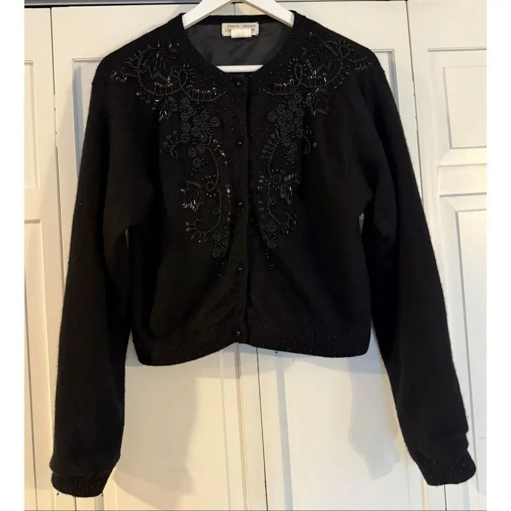 Pierre Lefond Wendy Foster Vintage black wool angora beaded cardigan sweater M - Picture 3 of 12
